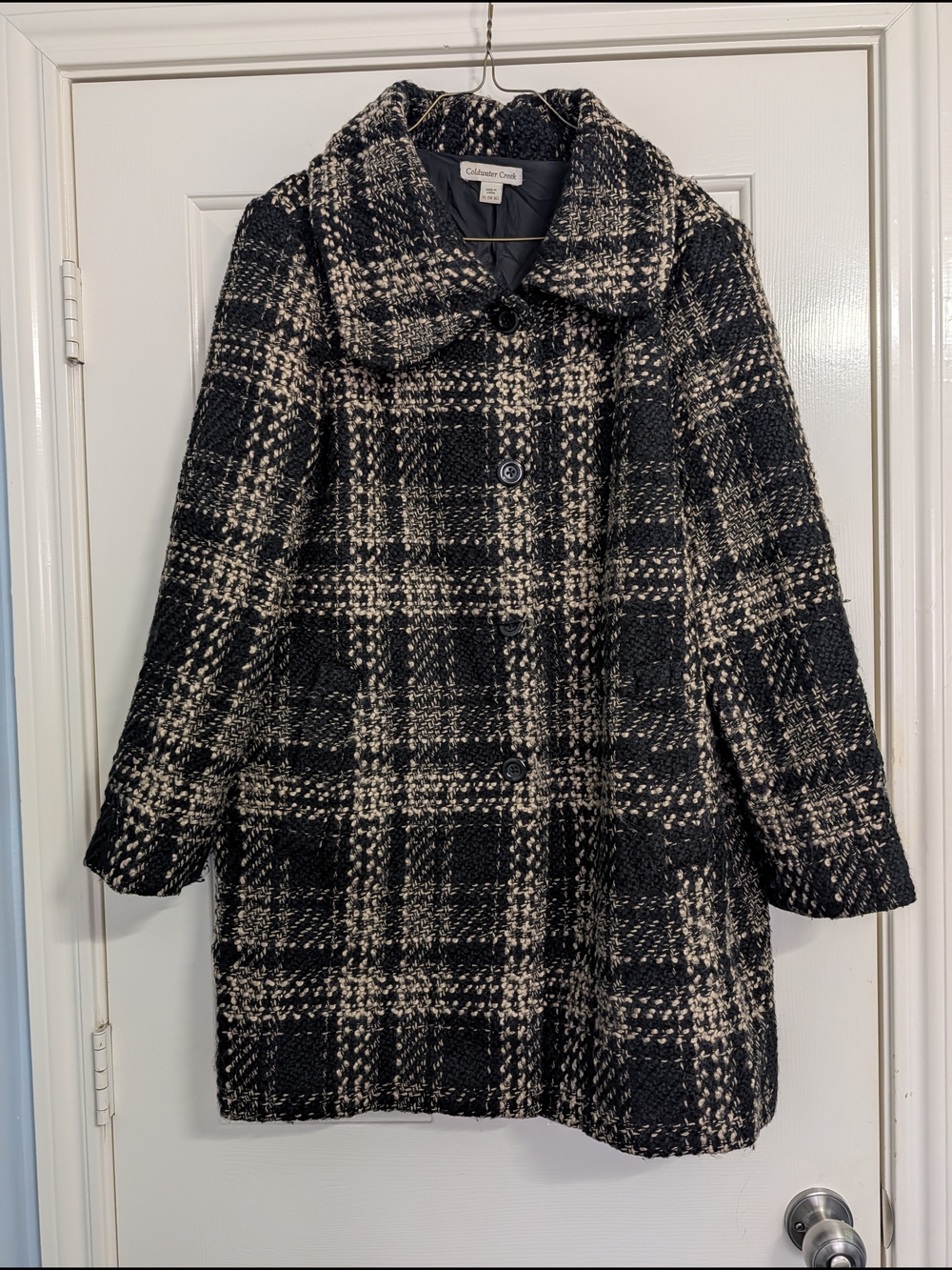 Coldwater Creek Wool Black & Cream Plaid Pea Coat, PL 14-16